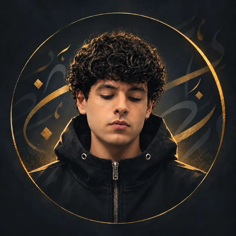 Illustrated portrait of Hussein Muhammad inside a gold circle with Arabic calligraphy